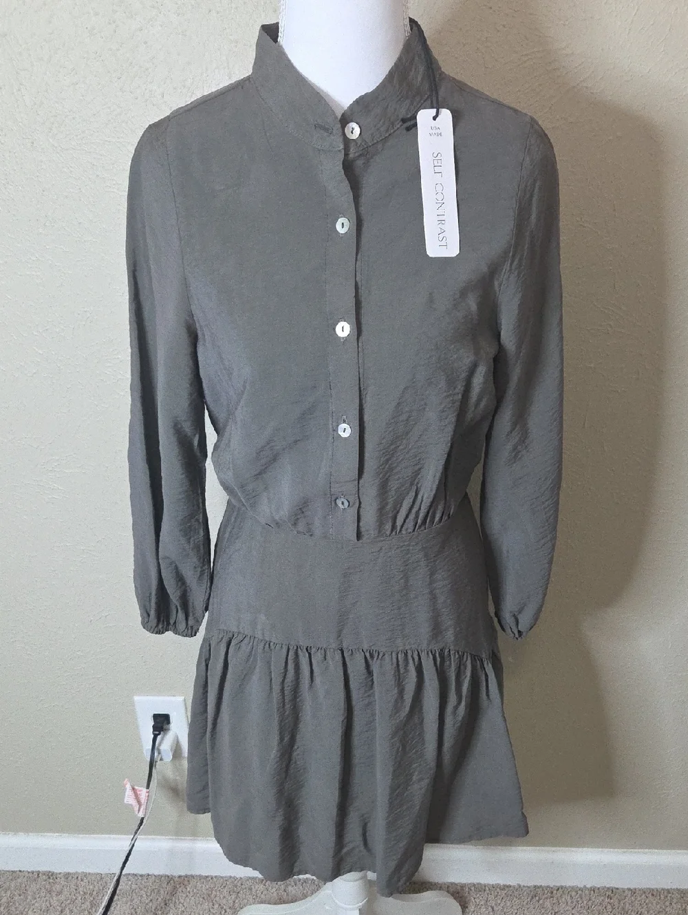 NWT Self Contrast Olive Long Sleeve Tiered Button Dress, $145.00